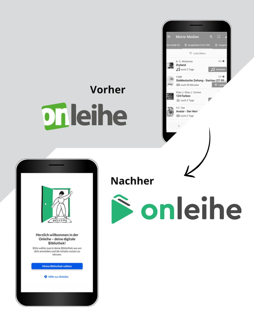 Vergleich der Onleihe-App vor und nach einem Update: Oben das alte Logo und eine Medienliste auf dem Smartphone, unten das neue Logo und ein Willkommensbildschirm mit der Aufforderung, eine Bibliothek auszuwählen. (KI-Alternativtext)