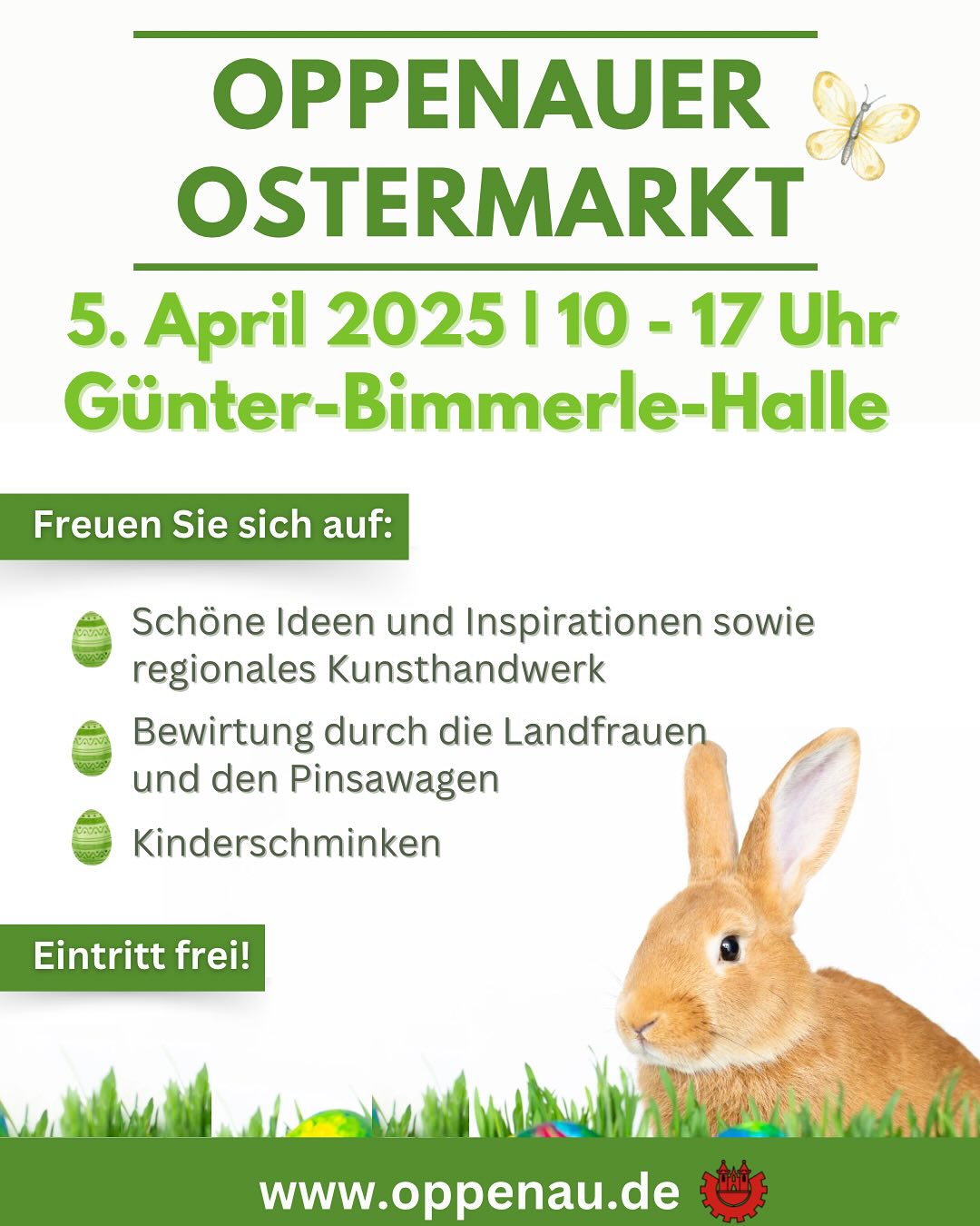 Werbeplakat für einen Ostermarkt mit Informationen zu Datum, Uhrzeit und Programm, sowie einer Illustration eines Hasen.