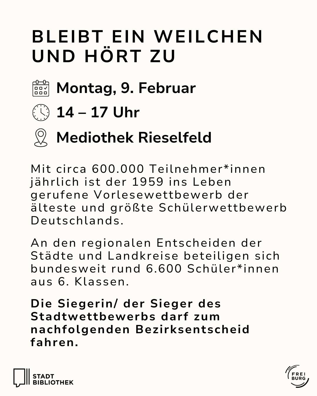 Dieser Alternativtext wurde KI-generiert: Schwar-weißes Plakat mit Informationen zu einem Vorlesewettbewerb. Es enthält Datum, Uhrzeit und Veranstaltungsort sowie Angaben zur Teilnehmerzahl.