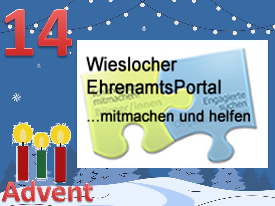 Dieser Alternativtext wurde KI-generiert: Ein farbenfrohes Bild zeigt eine Dekoration mit Kerzen, Schnee und Sternen. Im Vordergrund befindet sich ein Banner mit Text und einem stilisieren Wappen.