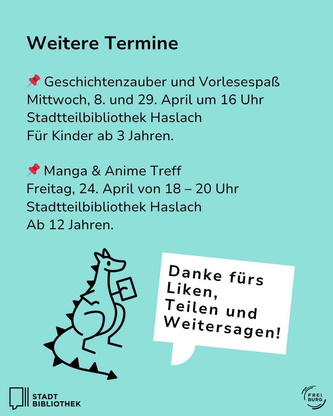 Dieser Alternativtext wurde KI-generiert: Ein farbiges Plakat informiert über zwei Veranstaltungen in einer Bibliothek. Es werden Termine und Altersangaben für Angebote für Kinder und Jugendliche genannt.
