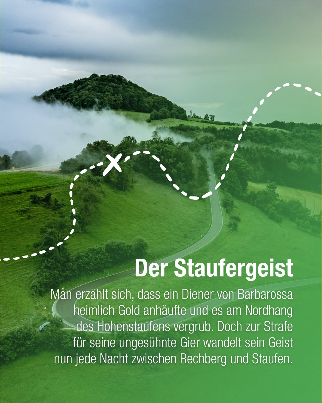 Dieser Alternativtext wurde KI-generiert: Eine grüne Landschaft mit einem Hügel im Hintergrund, über die ein Pfad führt, der durch eine gestrichelte Linie hervorgehoben wird. Unterhalb befindet sich Text in Weiß auf dunklem Grund.