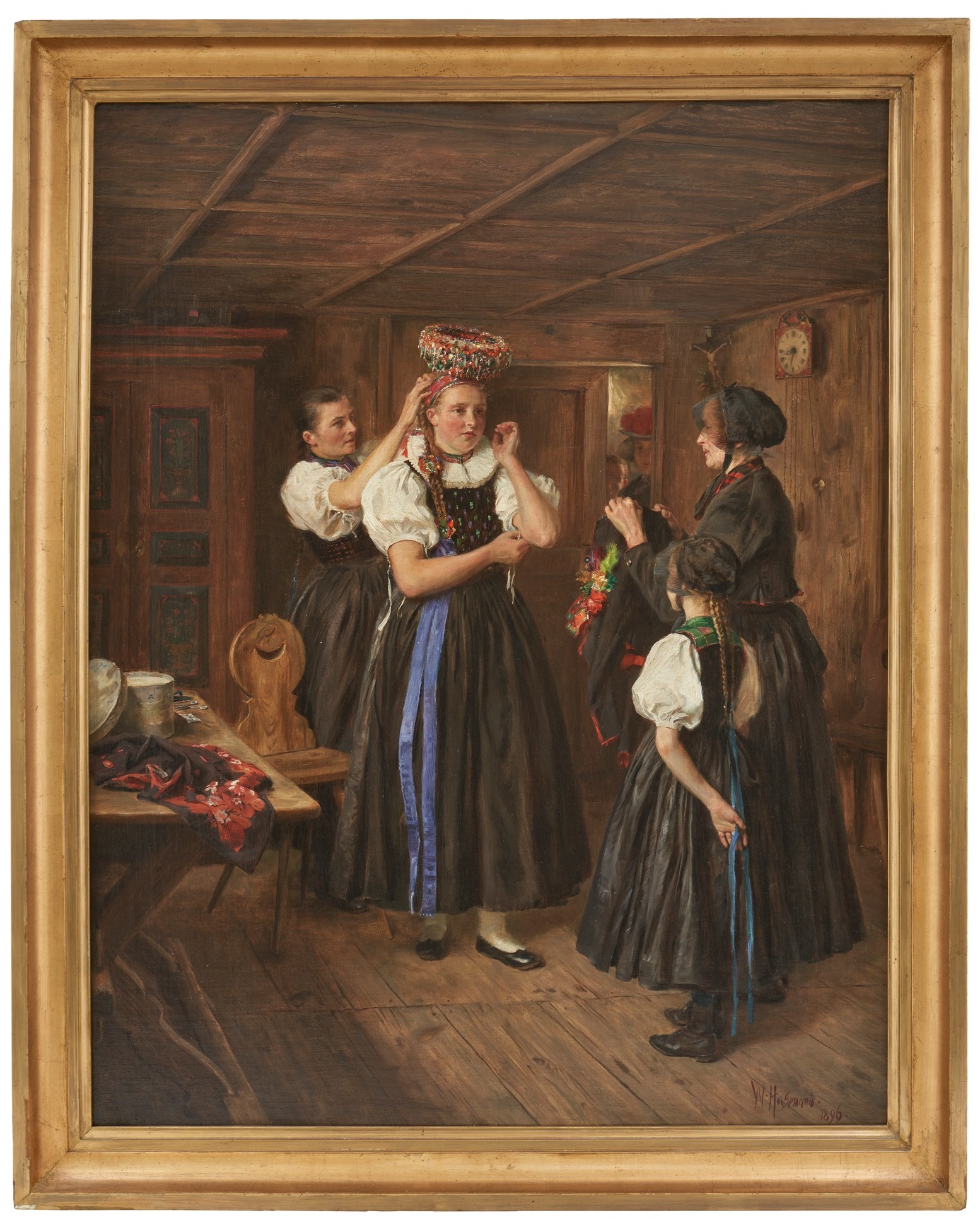 Dieser Alternativtext wurde KI-generiert: Ein Gemälde zeigt eine Szene in einem Innenraum mit mehreren Personen in traditioneller Kleidung. Eine Person wird beim Anlegen eines Kopfschmucks unterstützt, während andere zusehen oder sich unterhalten.