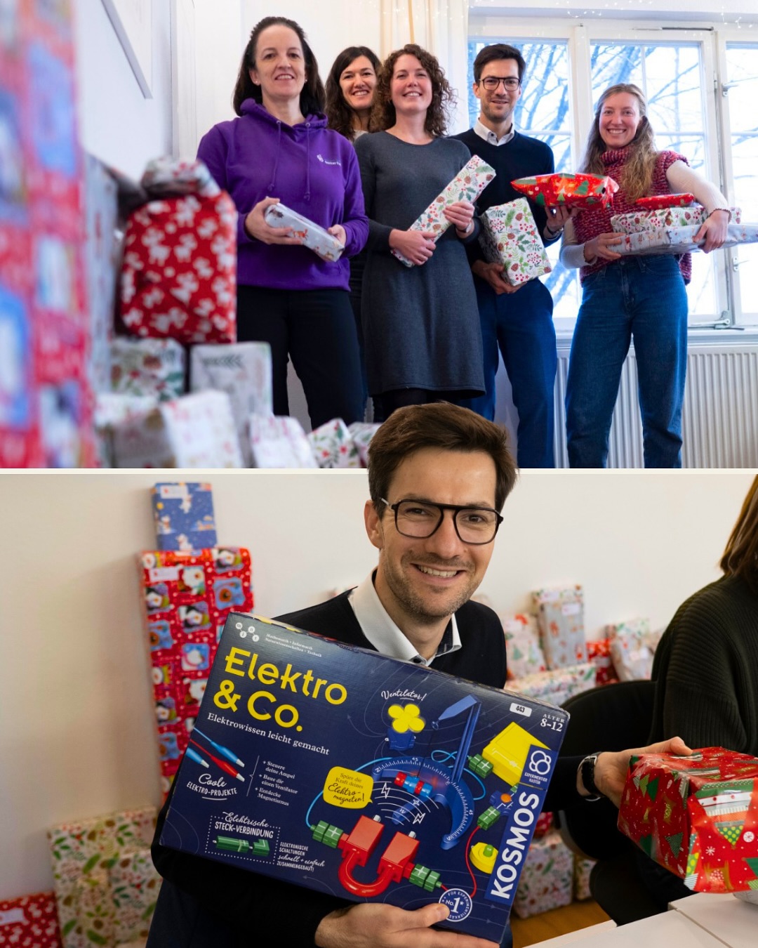 Dieser Alternativtext wurde KI-generiert: Eine Gruppe von Personen steht in einem hellen Raum. Im Vordergrund sitzt jemand vor einem Tisch mit bunt verpackten Geschenken und einem Elektro-Baukasten.