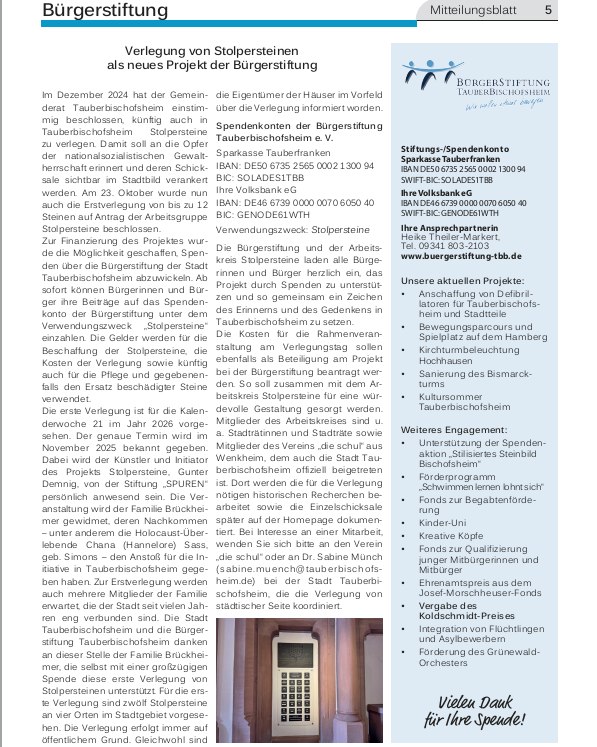 Dieser Alternativtext wurde KI-generiert: Schwarz-weißes Dokument mit Text und einem Logo. Es handelt sich um eine Mitteilung einer Bürgerstiftung bezüglich einer geplanten Verlegung von Stolpersteinen.