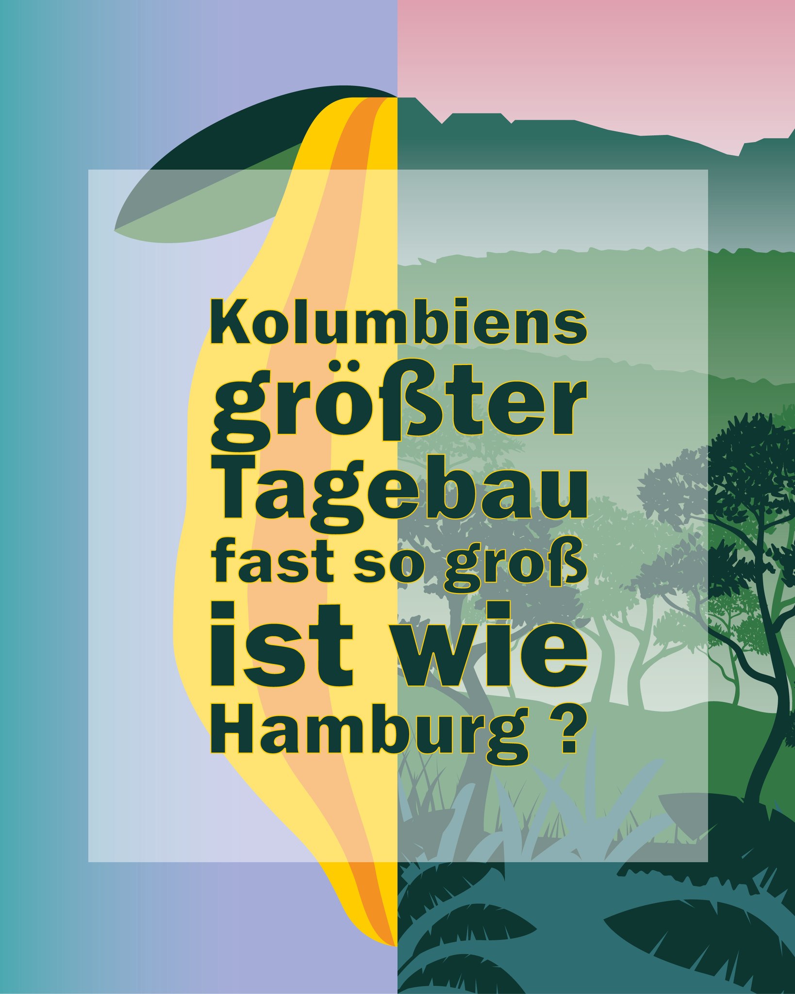 Grafik mit dem Text „Kolumbiens größter Tagebau fast so groß ist wie Hamburg ?“ vor einem Hintergrund, der links eine abstrakte gelb-orange Form und rechts eine grüne Waldlandschaft zeigt. (KI-Alternativtext)