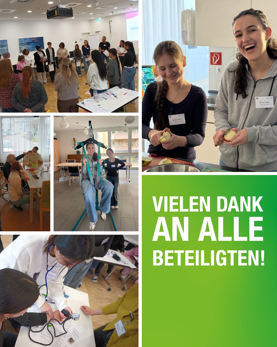 Dieser Alternativtext wurde KI-generiert: Eine Collage zeigt Menschen in einem hellen Raum, einige stehen in Gruppen, andere sitzen an Tischen und arbeiten. Ein Text auf grünem Hintergrund bedankt sich bei allen Beteiligten.