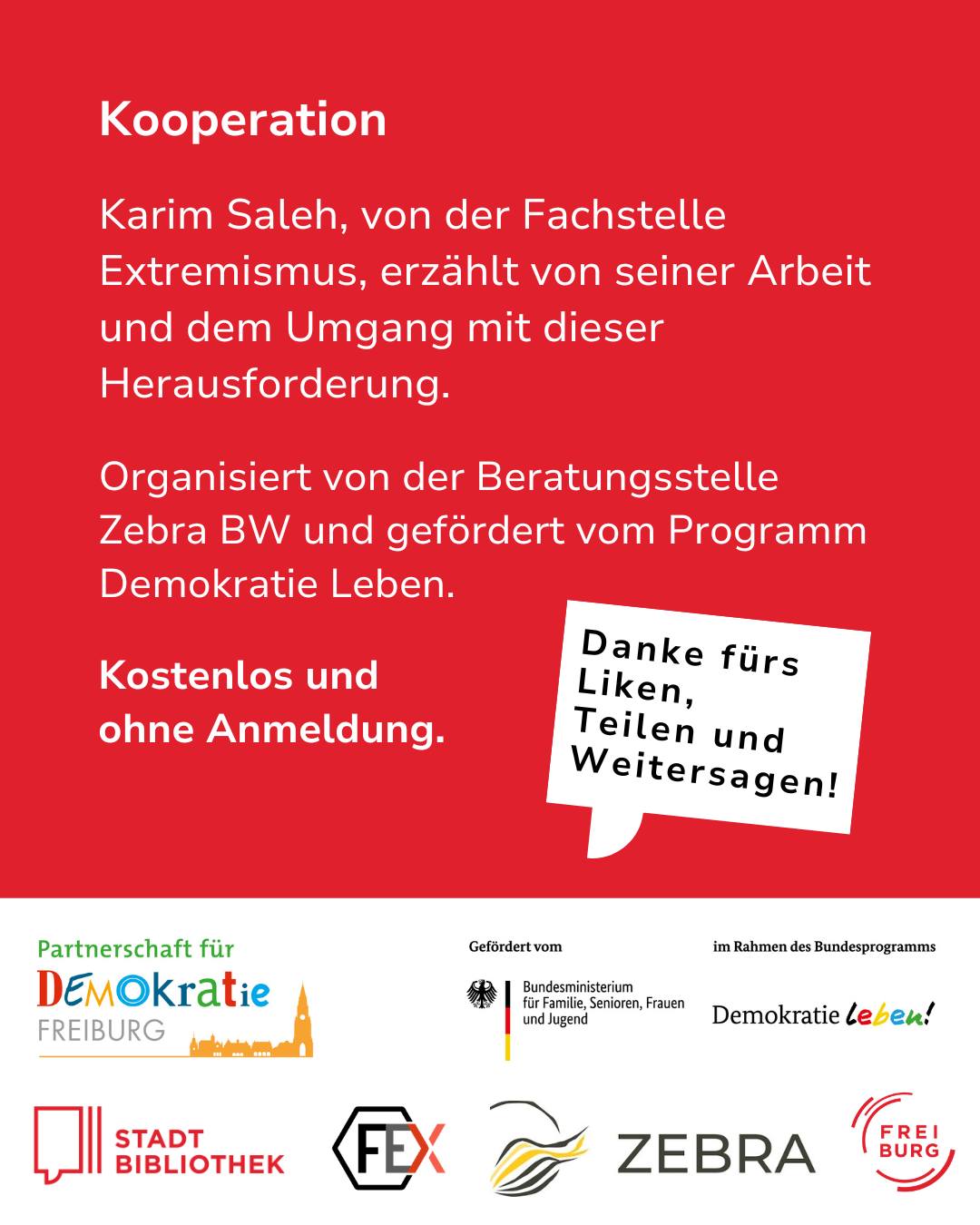 Dieser Alternativtext wurde KI-generiert: Ein Werbeplakat mit Text und Logos mehrerer Organisationen. Das Plakat bewirbt eine kostenlose Veranstaltung zum Thema Extremismus und bittet um Teilen und Weitersagen.