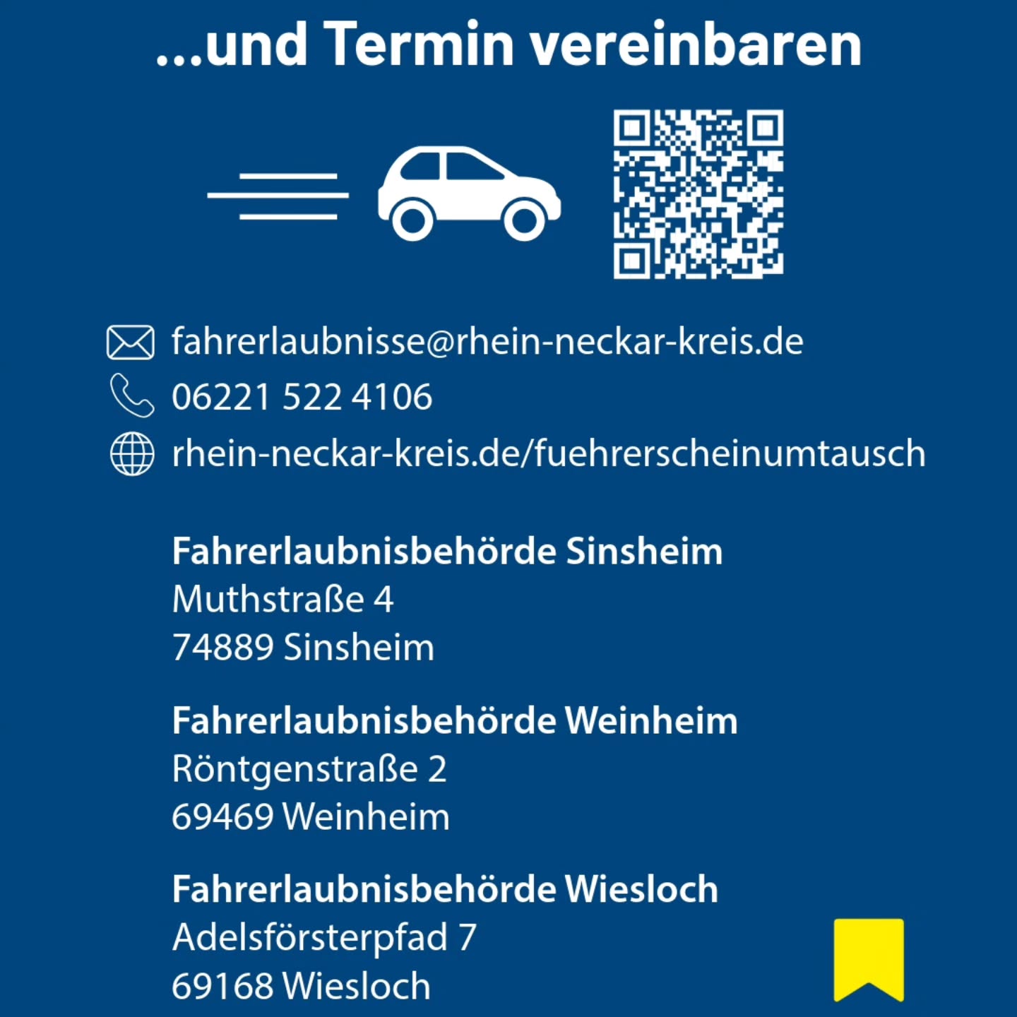 Dieser Alternativtext wurde KI-generiert: Ein blaues Bild mit Kontaktinformationen, darunter eine E-Mail-Adresse, eine Telefonnummer und eine Webseite. Es enthält auch eine Abbildung eines Autos und eines QR-Codes.
