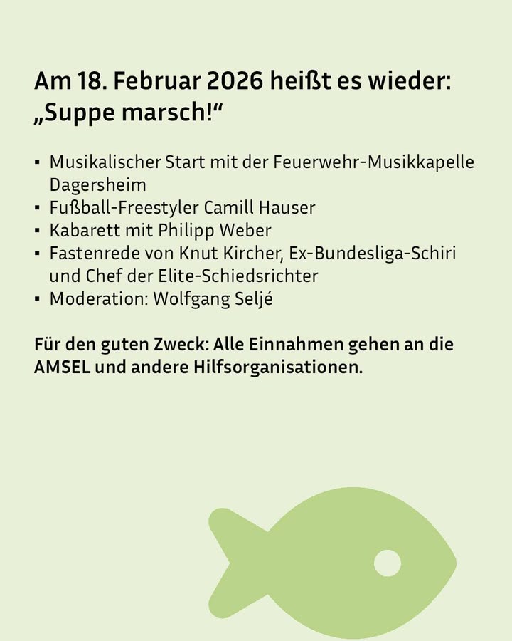 Dieser Alternativtext wurde KI-generiert: Schwarz-weißer Text kündigt eine Veranstaltung am 18. Februar 2026 an, mit musikalischen Beiträgen und einer Spendenaktion für wohltätige Zwecke. Ein stilisiertes grünes Fischpaar ist am unteren Rand des Textes zu sehen.