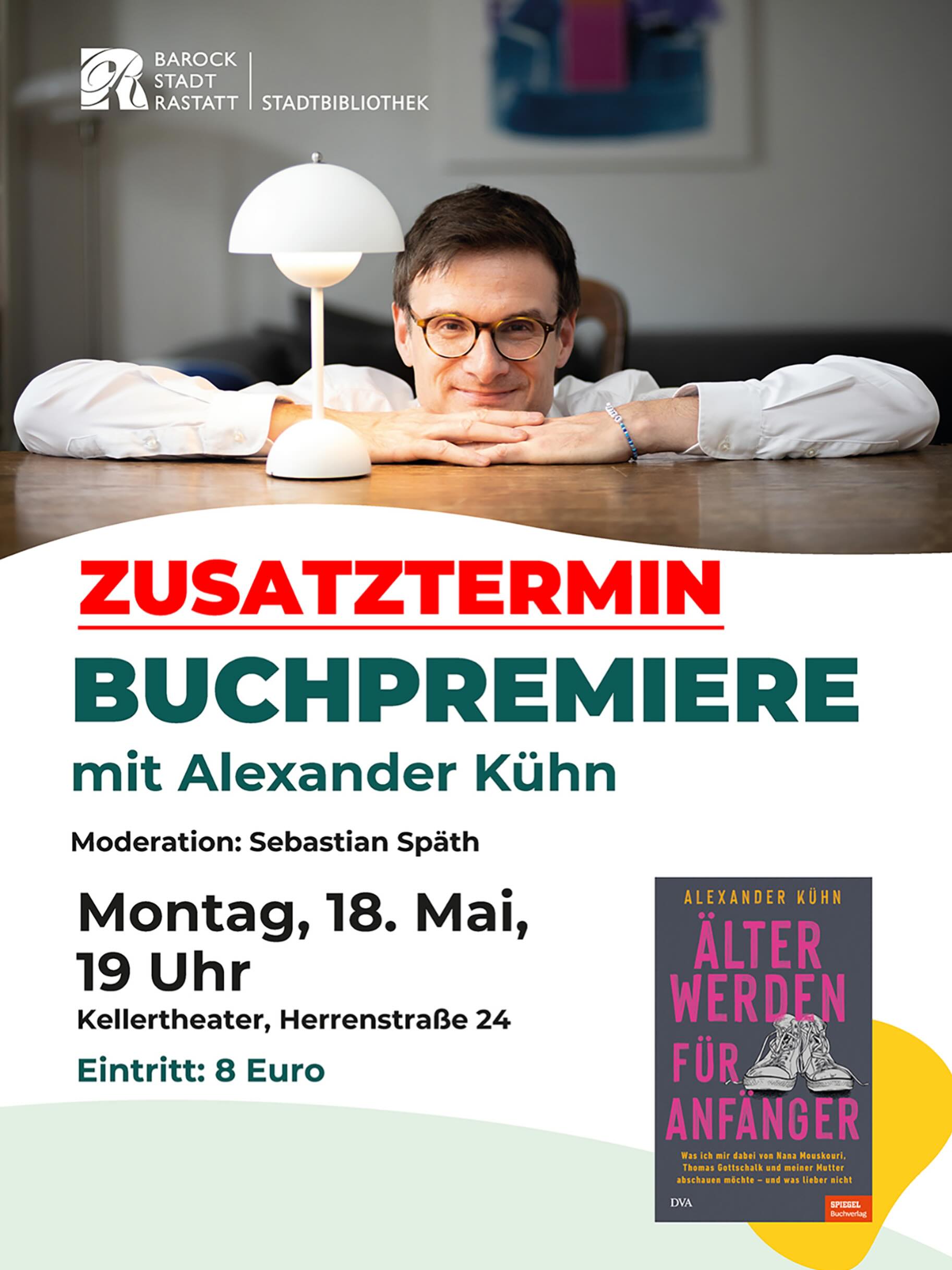 Dieser Alternativtext wurde KI-generiert: Ein farbiges Plakat bewirbt eine Buchpremiere mit zusätzlichen Informationen zu Datum, Uhrzeit, Veranstaltungsort und Eintrittspreis. Im Vordergrund steht ein Buchcover mit einem roten Hintergrund.