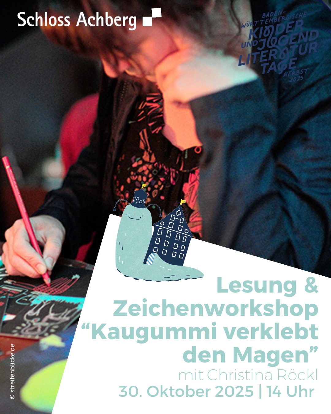 Dieser Alternativtext wurde KI-generiert: Einfarbiges Plakat mit Illustrationen und Text in verschiedenen Farben, das für eine Lesung und einen Zeichenworkshop wirbt. Der Hintergrund ist abstrakt und die Schrift enthält Informationen zu Datum, Uhrzeit und Künstlerin.
