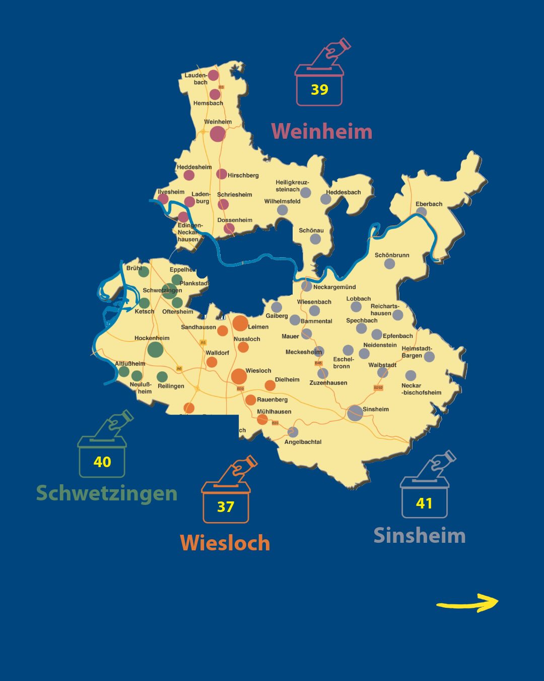 Dieser Alternativtext wurde KI-generiert: Eine stilisierte Karte mit blauem Hintergrund zeigt mehrere Ortsnamen und Straßen, sowie orangefarbene Symbole. Die Karte enthält Zahlen in roten Kästen.