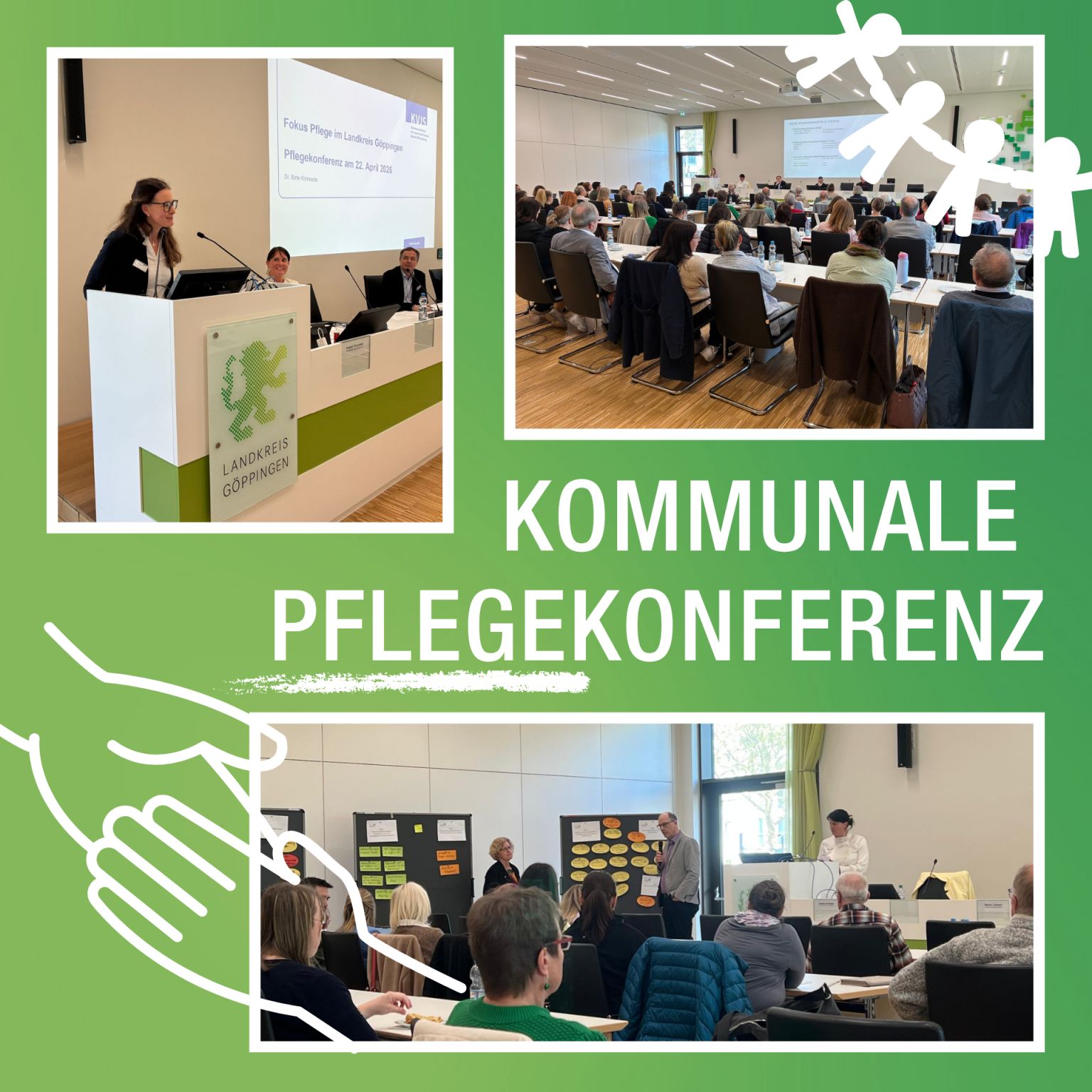 Dieser Alternativtext wurde KI-generiert: Mehrere Innenaufnahmen zeigen eine Konferenz in einem hellen Raum. Menschen sitzen an Tischen und hören zu, während andere sprechen und eine Präsentation gehalten wird.