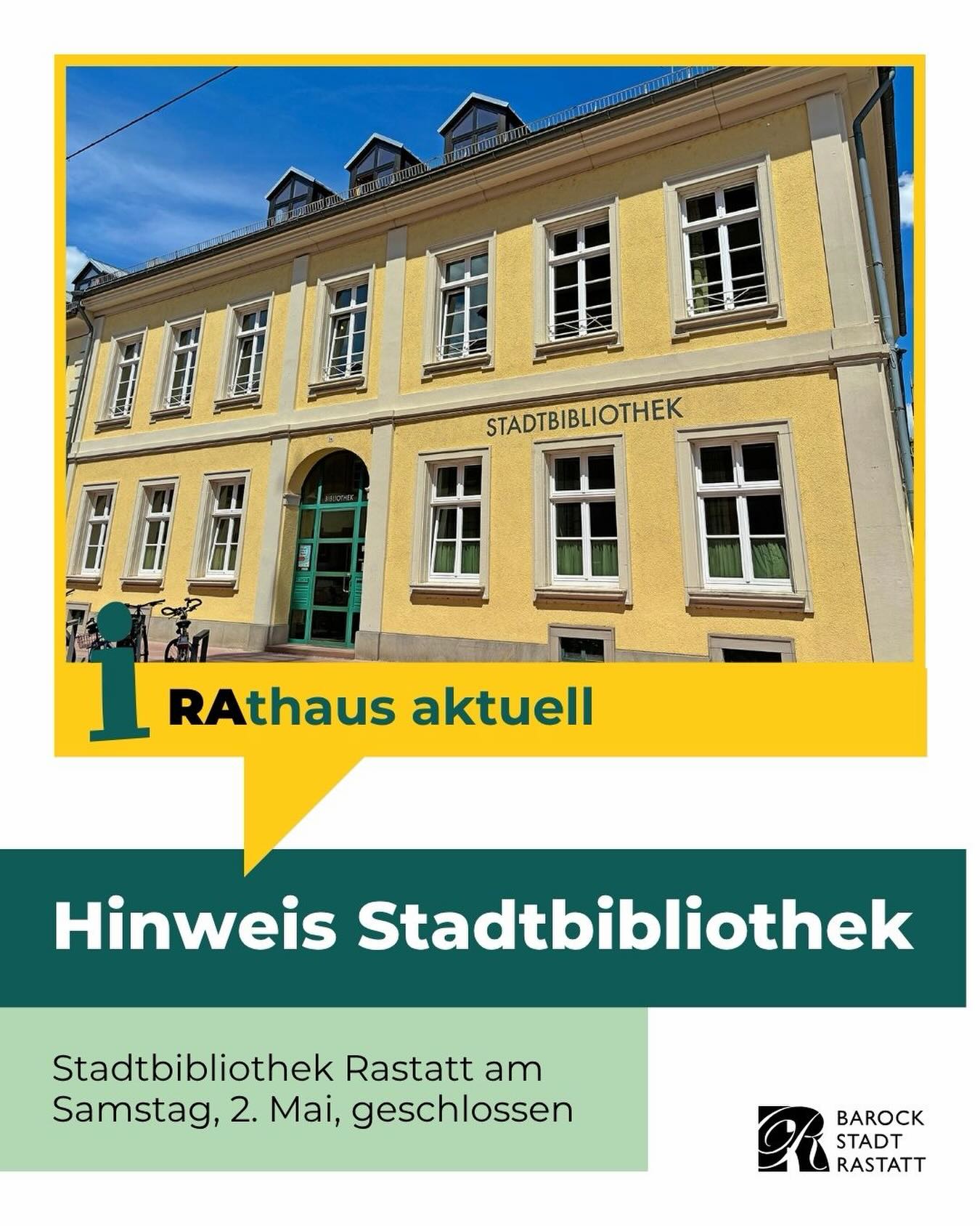 Dieser Alternativtext wurde KI-generiert: Ein helles Gebäude mit mehreren Fenstern und einem Schild, das Informationen zu einer Schließung enthält. Im Vordergrund befindet sich eine gelbe und grüne Gestaltung mit Text.