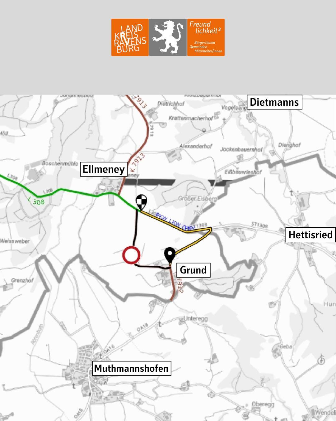 Auf dieser Seite ist das Logo des Landkreises zu sehen. Auch ist die Umleitungsstrecke zu sehen. Diese führt von Grund – K7912 – OA 16 – ST 1308 – L 308 nach Ellmeney und umgekehrt.