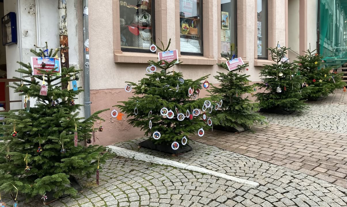 Dieser Alternativtext wurde KI-generiert: Vor einem Gebäude stehen mehrere kleine Weihnachtsbäume auf einem Steinpflaster. Die Bäume sind mit roten Schleifen und anderen Dekorationen geschmückt.