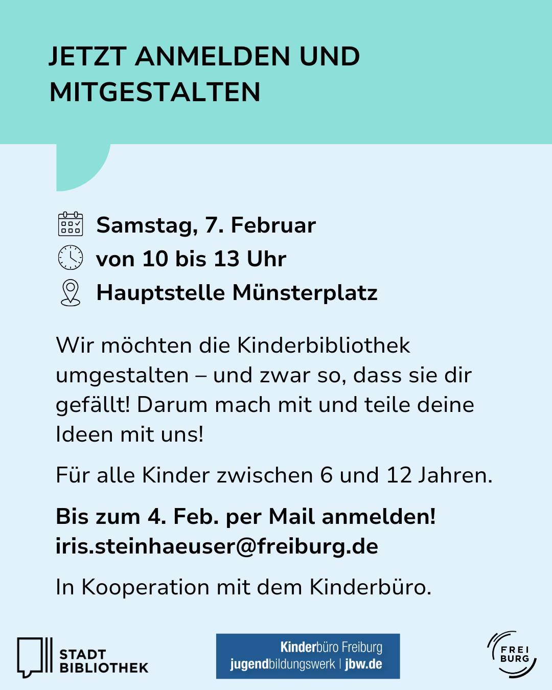 Dieser Alternativtext wurde KI-generiert: Ein farbenfrohes Plakat kündigt eine Veranstaltung an. Es enthält Informationen zu Datum, Uhrzeit und Ort einer Beteiligung für Kinder zum Thema Umgestaltung einer Bibliothek.