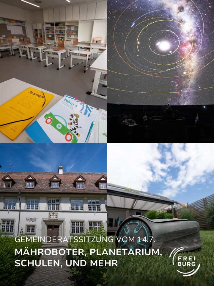 Eine Collage aus vier Bildern. Oben links ein Klassenzimmer mit Tischen und Büchern im Vordergrund. Oben rechts ein Planetarium mit Sternenhimmel und Personen im Saal. Unten links ein weißes Gebäude mit dem Text „Gemeinderatssitzung vom 14.7. Mähroboter, Planetarium, Schulen, und mehr“. Unten rechts ein Mähroboter auf einer Wiese. (KI-Alternativtext)