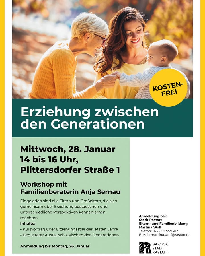 Dieser Alternativtext wurde KI-generiert: Ein farbiges Plakat bewirbt einen kostenlosen Workshop zum Thema Erziehung. Es zeigt Menschen im Hintergrund und enthält Informationen zu Datum, Ort und Anmeldung.