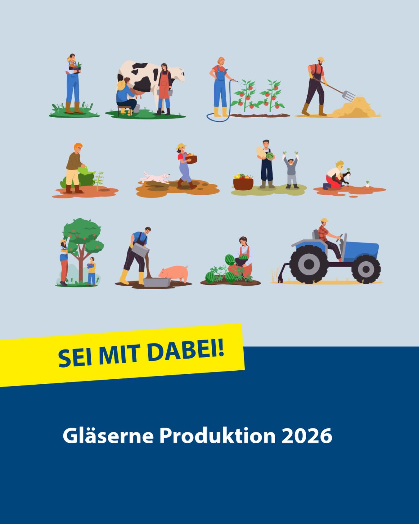 Dieser Alternativtext wurde KI-generiert: Illustration verschiedener landwirtschaftlicher Szenen, darunter Pflanzen, Tiere und Menschen bei der Arbeit. Unterhalb der Darstellung befindet sich ein Werbeslogan und ein Titel.