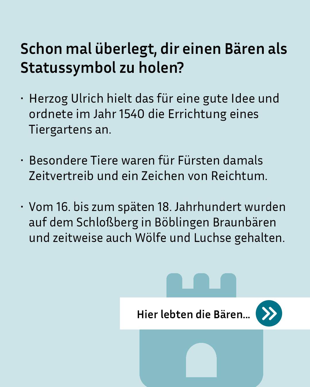 Text über die Geschichte von Bären als Statussymbol, erwähnt Herzog Ulrich und den Tiergarten in Böblingen ab 1540; unten ein stilisiertes Schloss mit dem Hinweis „Hier lebten die Bären...“ und einem Weiter-Pfeil. (KI-Alternativtext)