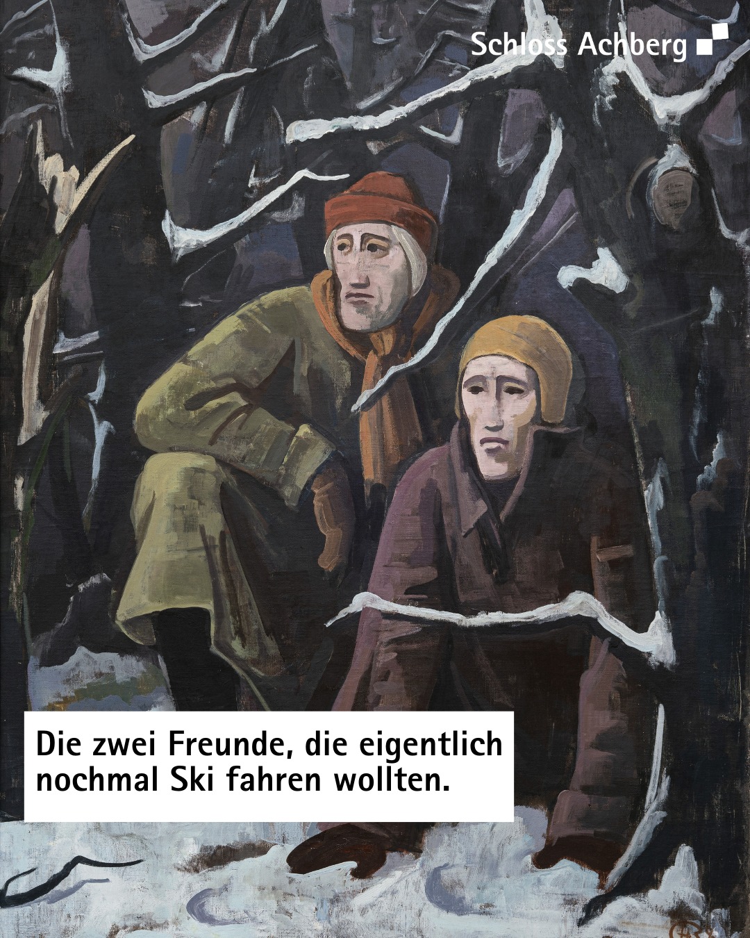 Dieser Alternativtext wurde KI-generiert: Ein Gemälde zeigt mehrere Personen im Winter. Das Bild ist farbig und wirkt ausdrucksstark durch Pinselstriche und Farbgebung.