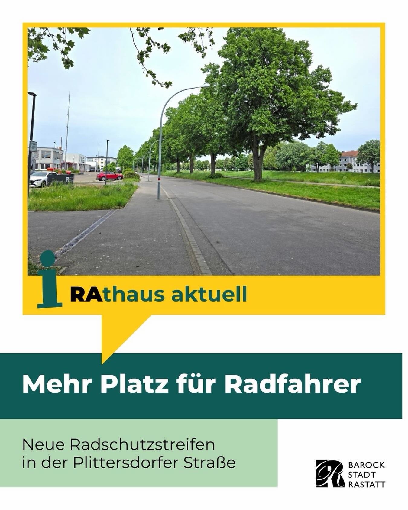 Dieser Alternativtext wurde KI-generiert: Ein farbiges Bild zeigt eine Straße mit Bäumen und Gebäuden im Hintergrund. Im unteren Bildbereich befinden sich Text und Logos zu einem Verkehrsprojekt.