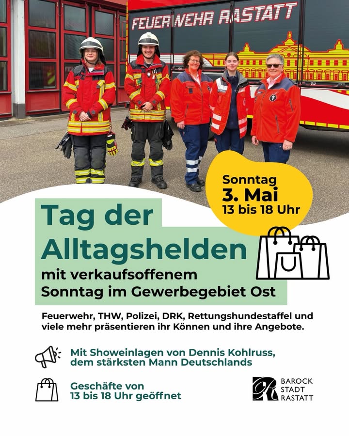 Dieser Alternativtext wurde KI-generiert: Ein farbenfrohes Werbeplakat kündigt einen 'Tag der Alltagshelden' an. Es zeigt Menschen in Einsatzkleidung vor einem rotem Fahrzeug, zusammen mit Informationen zu Datum, Uhrzeit und beteiligten Organisationen.