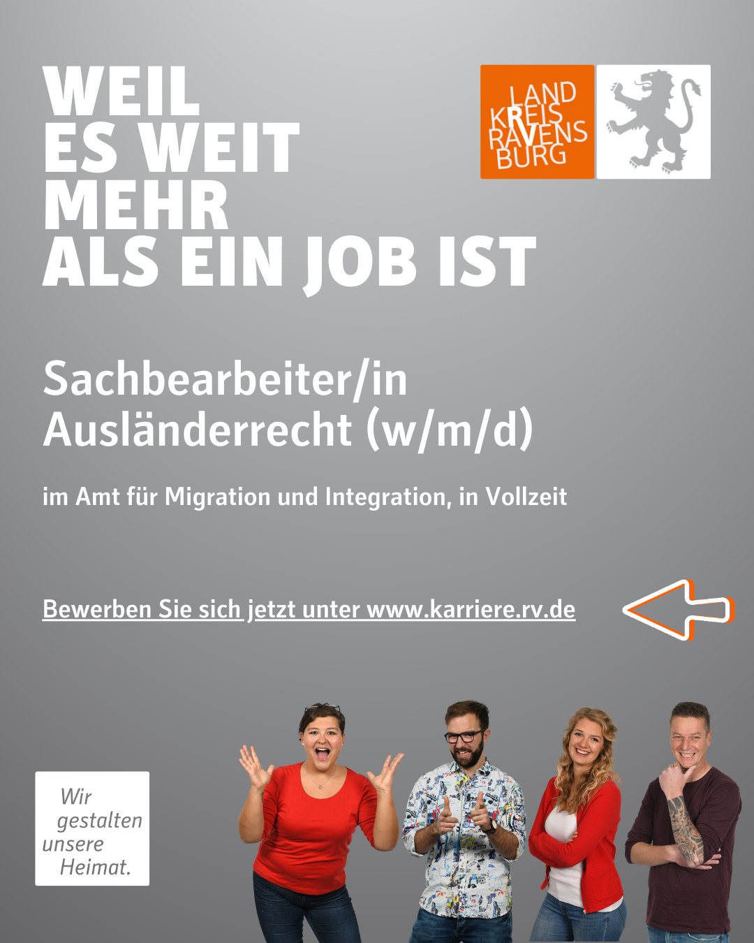 Dieser Alternativtext wurde KI-generiert: Ein farbiges Plakat wirbt für eine Stelle im Bereich Ausländerrecht. Darunter sind lächelnde Personen zu sehen.