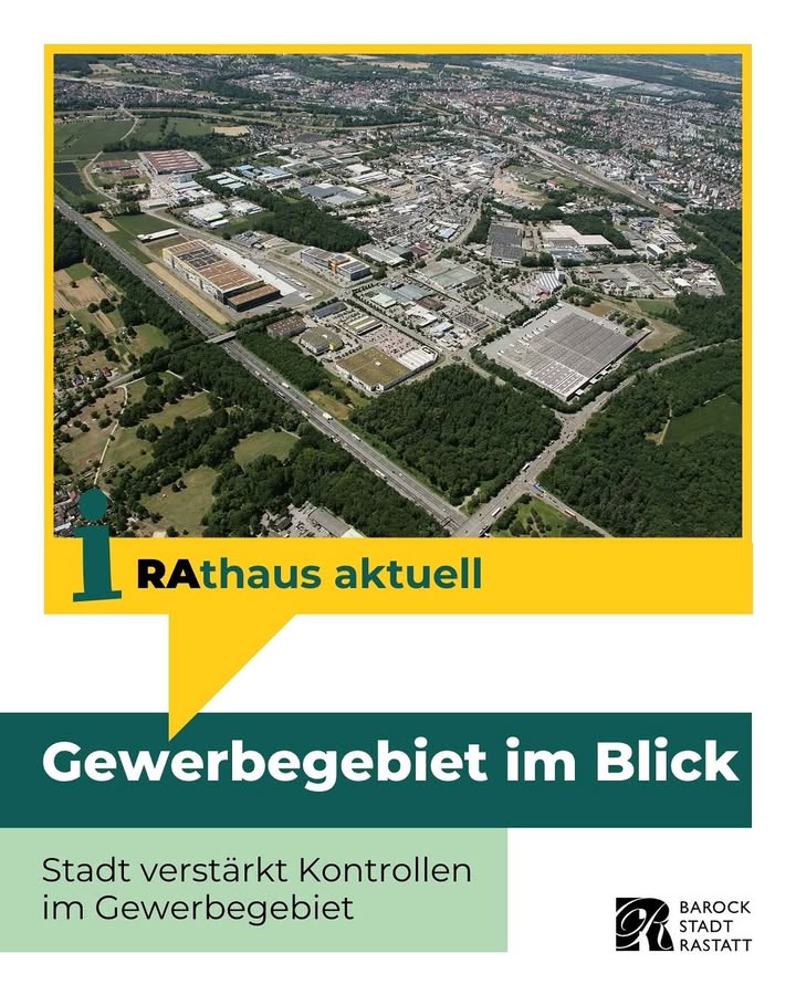 Dieser Alternativtext wurde KI-generiert: Ein Blick auf ein Industriegebiet von einem erhöhten Standpunkt aus. Im Vordergrund befindet sich ein farbenfrohes Titelbild mit Text und Logos.