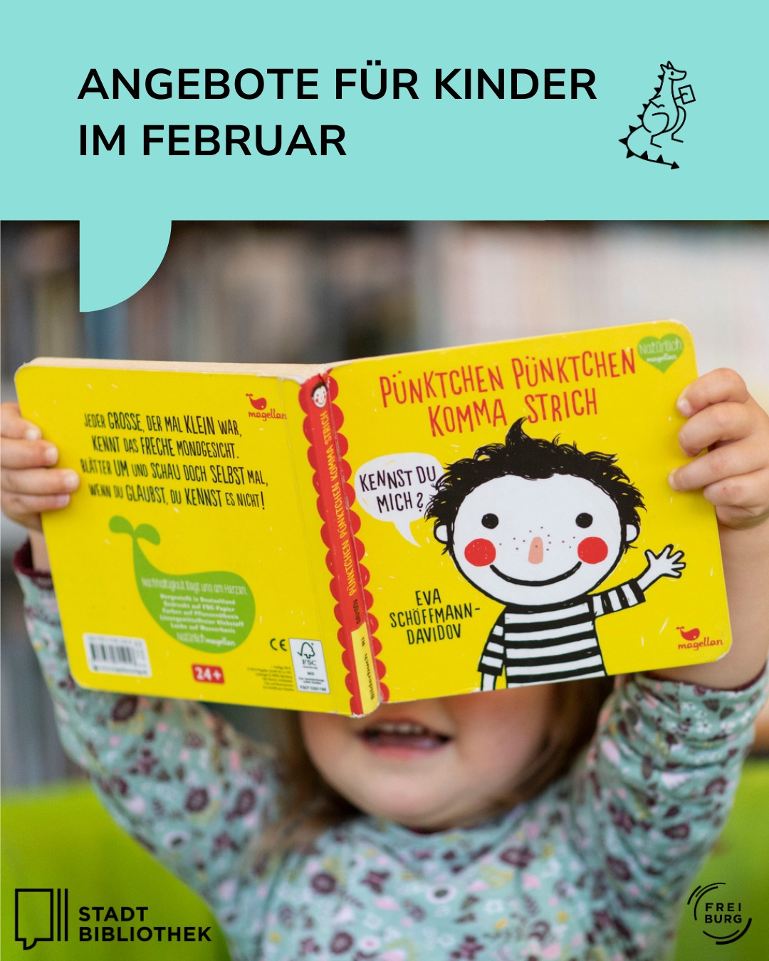 Dieser Alternativtext wurde KI-generiert: Ein Werbeplakat für Kinderbücher im Februar. Es zeigt ein Buchcover mit einer Illustration einer Person mit lockigem Haar und einem roten Schal.