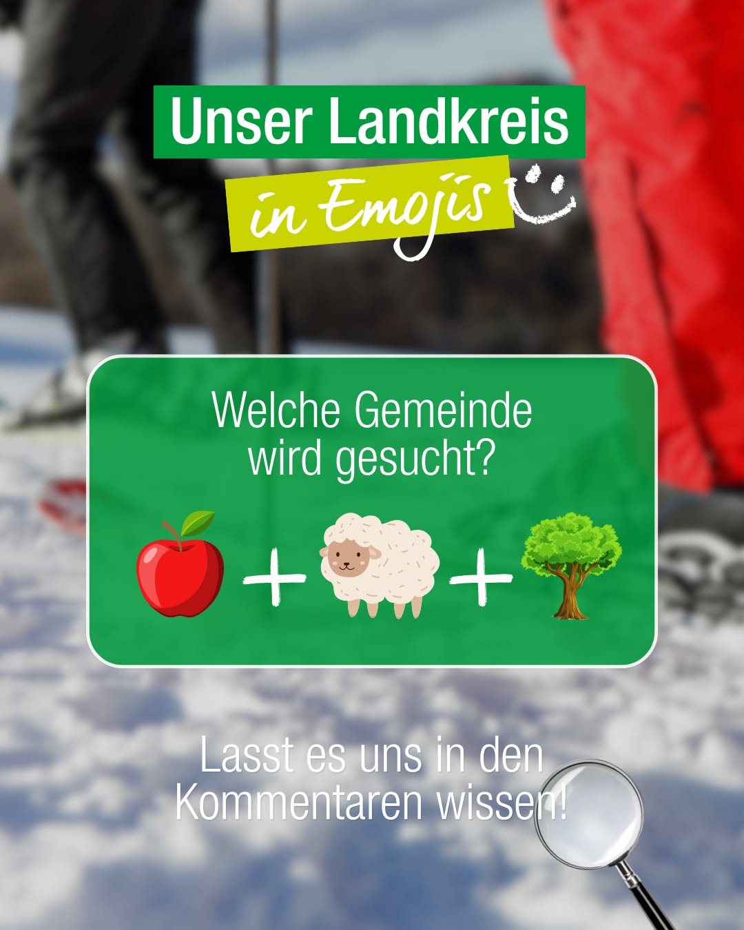 Dieser Alternativtext wurde KI-generiert: Farbiger Werbeposter mit Text und Emojis. Darunter sind Bilder eines Apfels, eines Schafes und eines Baumes, verbunden durch Pluszeichen.