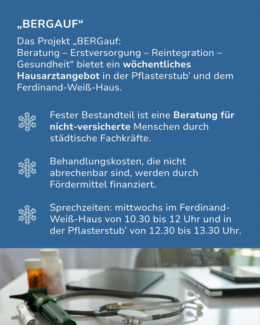 Dieser Alternativtext wurde KI-generiert: Ein Textbild in hellen Farben mit blauen Schneeflocken-Dekorationen und dem Titel „BERGBAUF“. Darunter befindet sich erklärender Text zu Beratungsangeboten und Sprechzeiten.