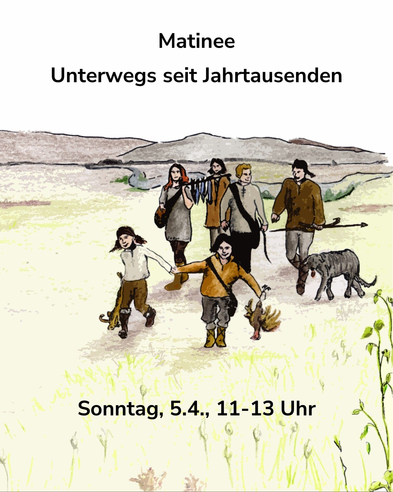 Dieser Alternativtext wurde KI-generiert: Eine farbige Illustration zeigt eine Gruppe von Personen und ein Tier, die sich in einer Landschaft bewegen. Unterhalb der Darstellung befinden sich Angaben zu Datum und Uhrzeit einer Veranstaltung.