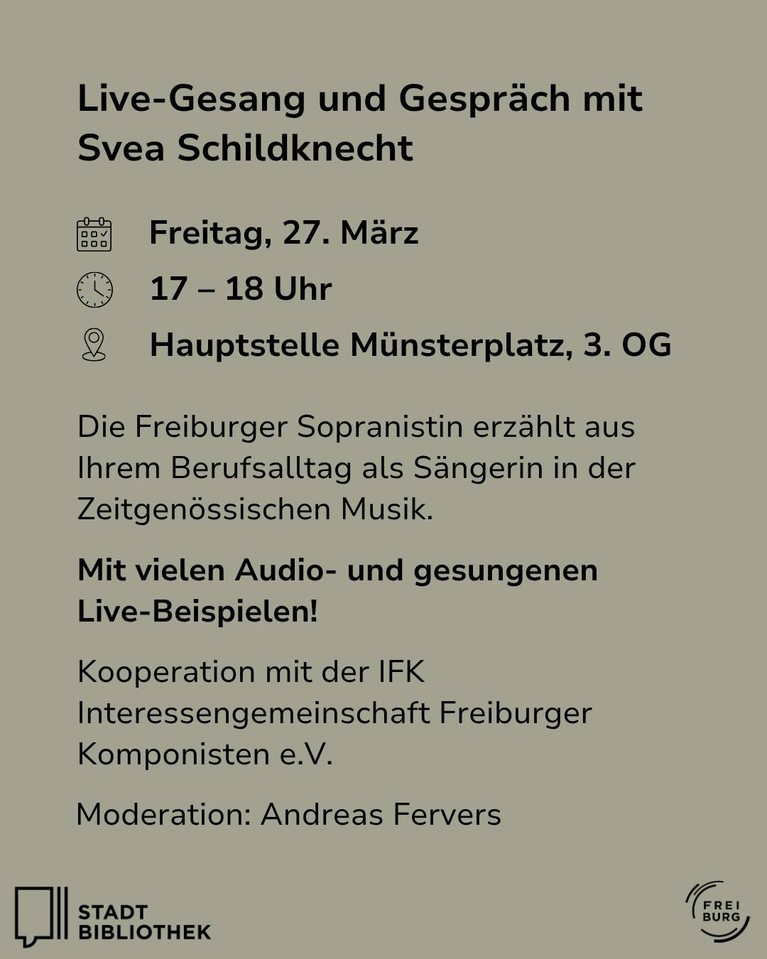 Dieser Alternativtext wurde KI-generiert: Ein monochromatisches Bild mit Textinformationen über eine Veranstaltung mit Live-Gesang und Gespräch. Es sind Datum, Uhrzeit und Veranstaltungsort angegeben.