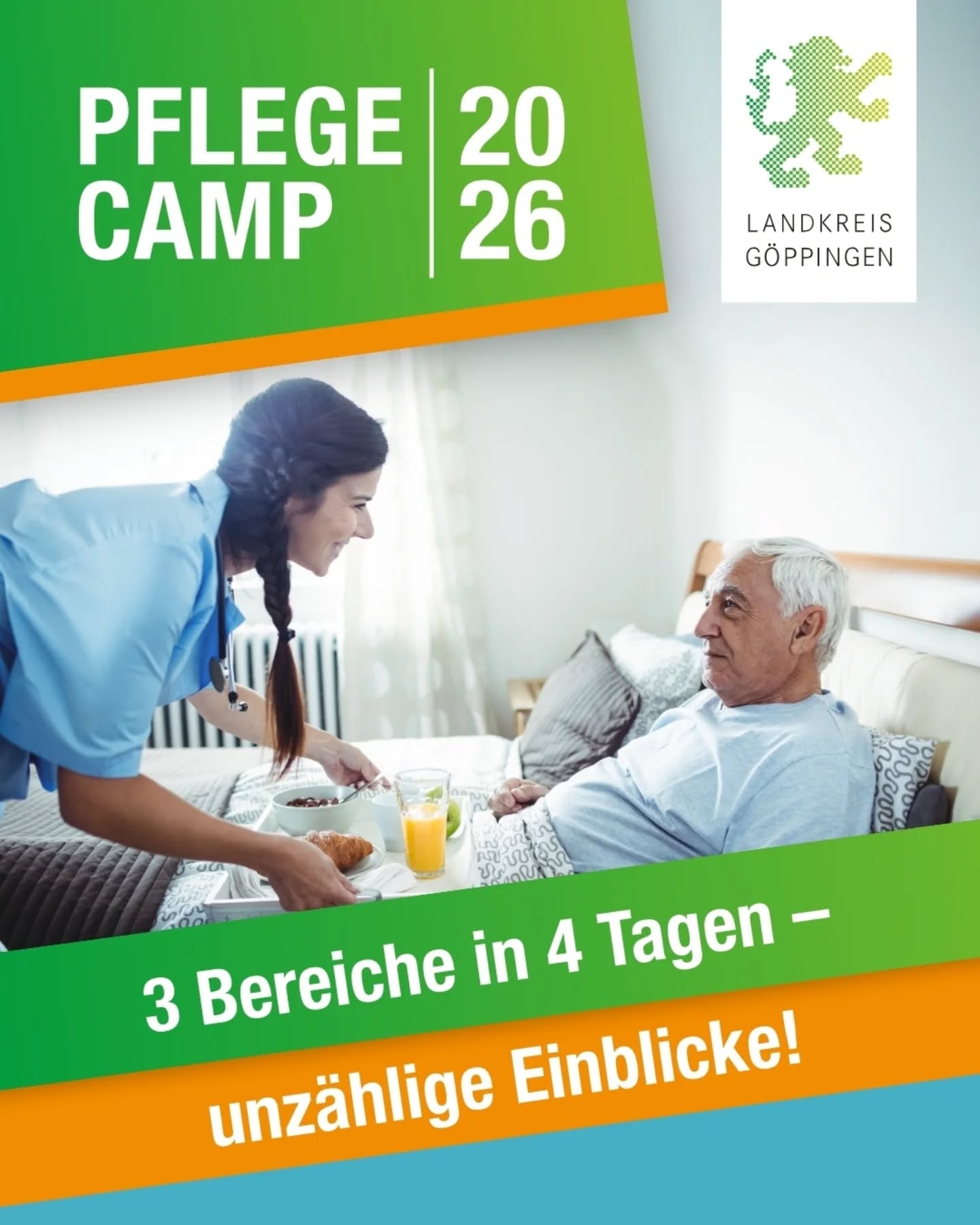 Dieser Alternativtext wurde KI-generiert: Ein farbiges Plakat zeigt eine Person, die eine andere beim Essen unterstützt. Es bewirbt eine Veranstaltung mit dem Thema Pflege und bietet Einblicke in verschiedene Bereiche.