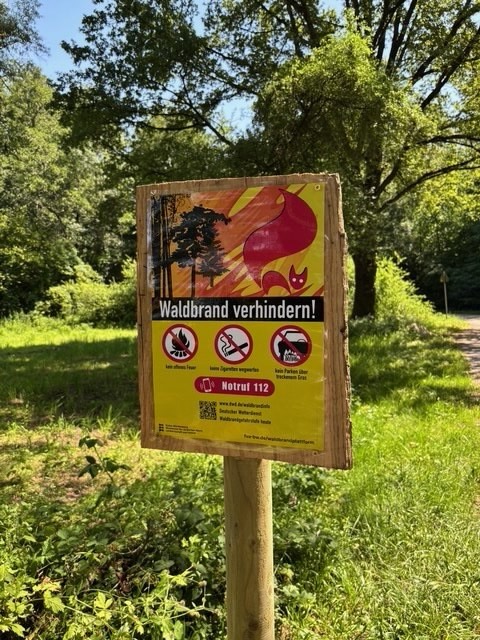 Ein gelbes Warnschild auf einem Holzpfosten im Wald trägt die Aufschrift "Waldbrand verhindern!" und zeigt oben eine Grafik mit einem brennenden Baum und einem Fuchs. Drei rote Verbotszeichen verbieten offenes Feuer, Rauchen und Feuerwerke, während unten die Notrufnummer 112 steht. Der Hintergrund zeigt einen sonnigen Waldweg mit grünen Bäumen und Gras. (KI-Alternativtext)