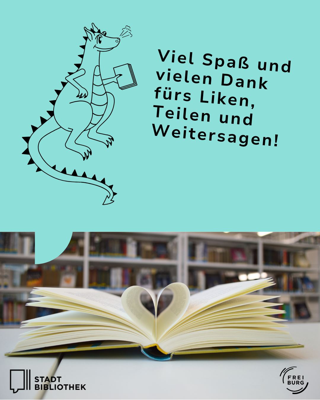 Dieser Alternativtext wurde KI-generiert: Schwarz-Weiß-Illustration einer Fantasiefigur mit einem Buch, überlagert von Text. Darunter ist ein Foto eines geöffneten Buches mit einem Herz darin, vor einem Bücherregal.