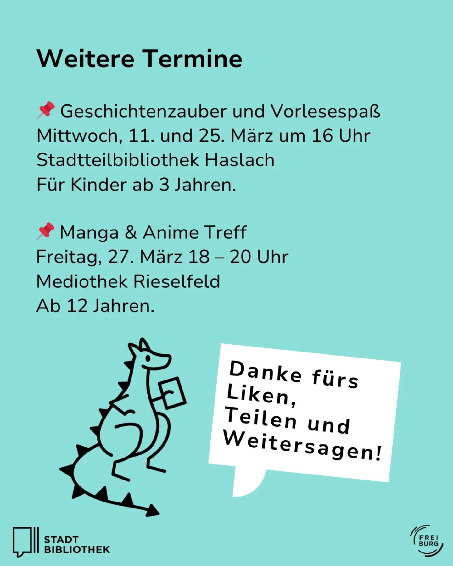 Dieser Alternativtext wurde KI-generiert: Ein farbiges Plakat kündigt Termine für Kinder und Jugendliche in Bibliotheken an. Es enthält Informationen zu Vorlese- und Anime-Treffen sowie einen Dank für das Teilen des Plakats.