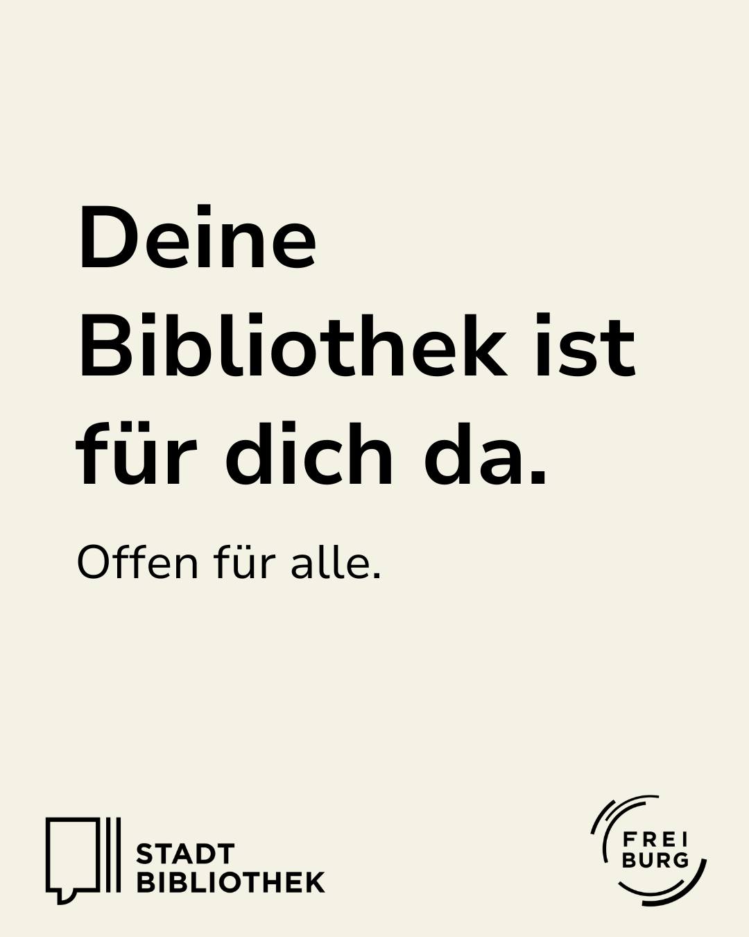 Dieser Alternativtext wurde KI-generiert: Ein hellbeiger Hintergrund mit schwarzem Text, der eine Botschaft über eine öffentliche Bibliothek vermittelt. Unten befinden sich Logos und die Aufschrift "Stadtbibliothek".