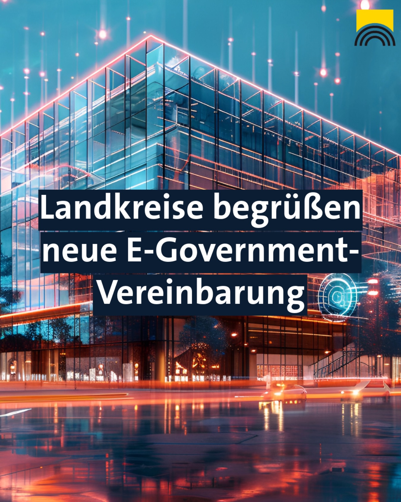 Dieser Alternativtext wurde KI-generiert: Ein modernes Glasgebäude ist mit leuchtenden Linien beleuchtet. Ein Textbanner über dem Bild kündigt eine neue Vereinbarung an.