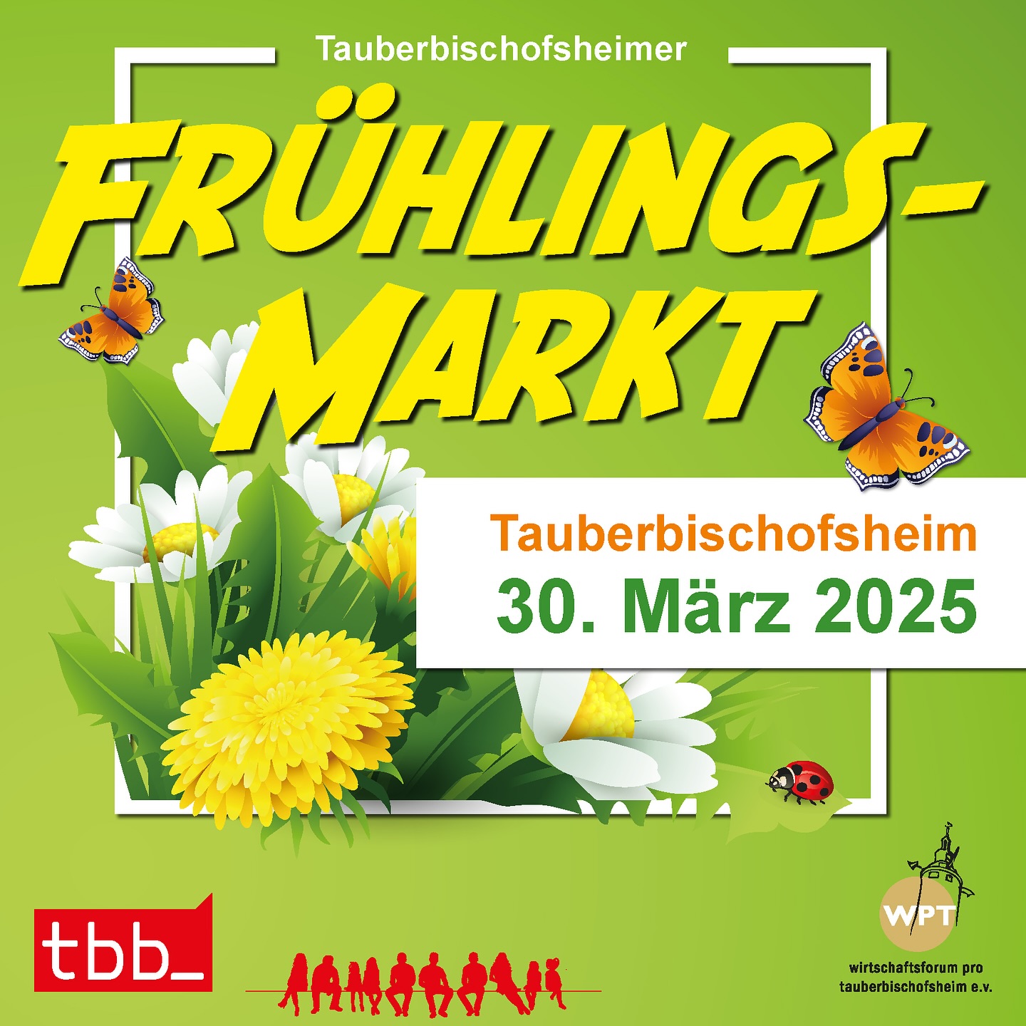 Frühlingsmarkt Ankündigung mit Blumen und Insekten. Datum: 30. März 2025.
