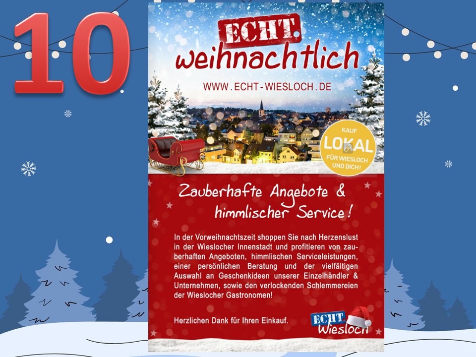 Dieser Alternativtext wurde KI-generiert: Farbiger Werbeflyer mit winterlicher Szene und weihnachtlichem Dekor. Der Flyer bewirbt Angebote und Dienstleistungen der lokalen Unternehmen.