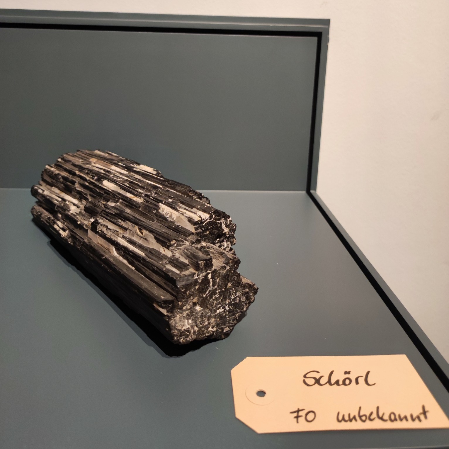 Dieser Alternativtext wurde KI-generiert: Schwarz-weißes Foto einer Mineralprobe in einer Vitrine. Ein Schild mit Beschriftung steht vor dem Mineral.