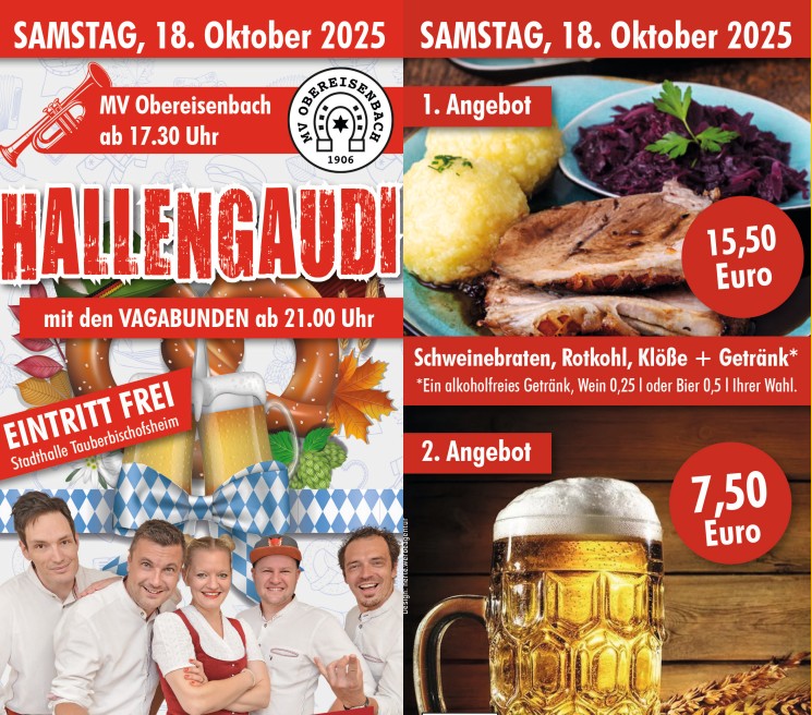 Dieser Alternativtext wurde KI-generiert: Werbeanzeige für eine Veranstaltung mit Live-Musik, Essen und Getränken. Das Plakat zeigt traditionelle bayerische Elemente und Speisen wie Schweinebraten und Rotkohl.