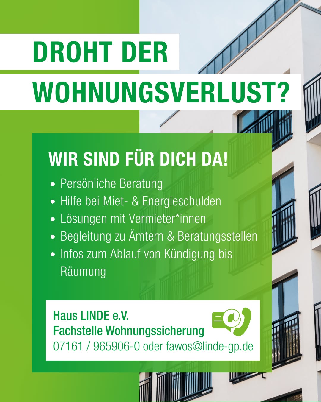 Dieser Alternativtext wurde KI-generiert: Ein farbenfrohes Plakat mit grüner Schrift und einem Gebäude im Hintergrund. Es bietet Beratung und Unterstützung bei Wohnungsproblemen an.