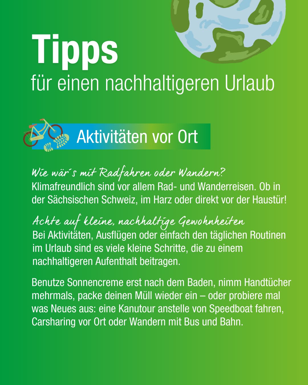 Dieser Alternativtext wurde KI-generiert: Ein grüner Hintergrund mit weißem Text und kleinen Illustrationen von Fahrrädern und Wanderern. Der Text gibt Tipps für einen nachhaltigeren Urlaub.