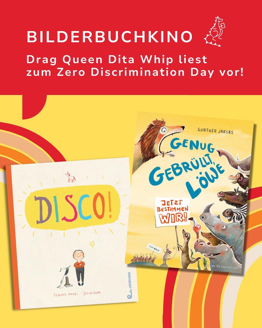 Dieser Alternativtext wurde KI-generiert: Buntes Werbeplakat für eine Lesung mit einem Kinderbuch im Mittelpunkt. Das Plakat zeigt stilisierte Tiere und Elemente einer Discothek.