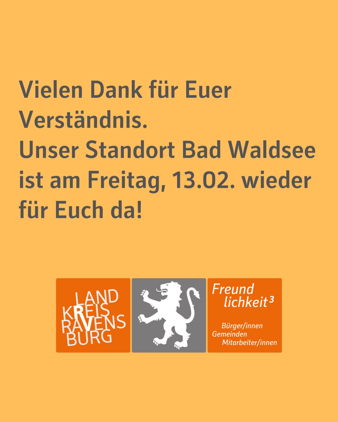 Dieser Alternativtext wurde KI-generiert: Ein farbiges Bild mit Text und Logos. Es enthält eine Mitteilung über die Wiedereröffnung eines Standorts am Freitag, dem 13.02.